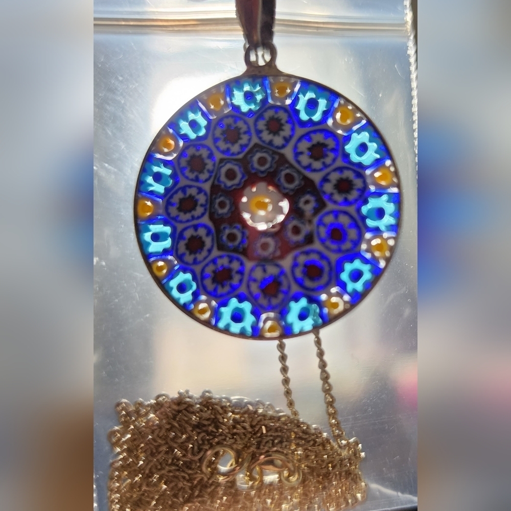 Gently used Murano glass mosaic pendent on‎ gold tone chain